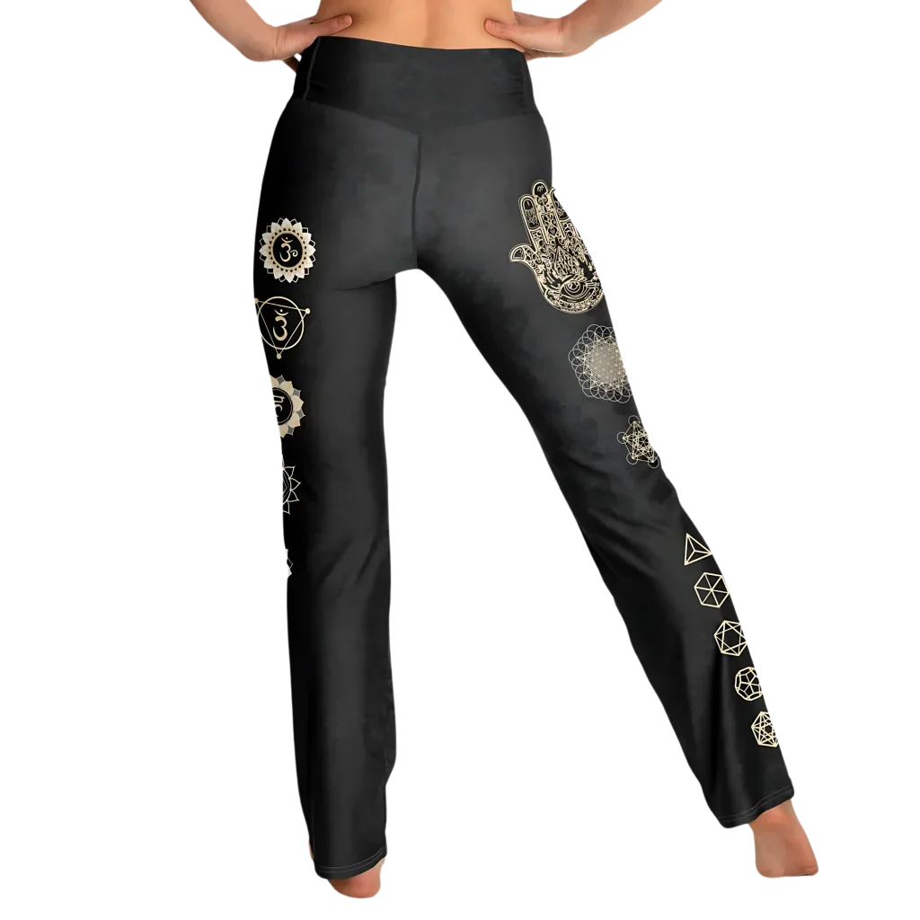 Sacred Symbols Flared Yoga Pants In Star Sky Black