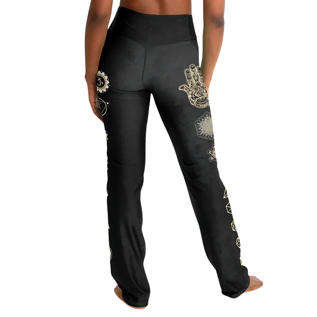 Sacred Symbols Flared Yoga Pants In Star Sky Black