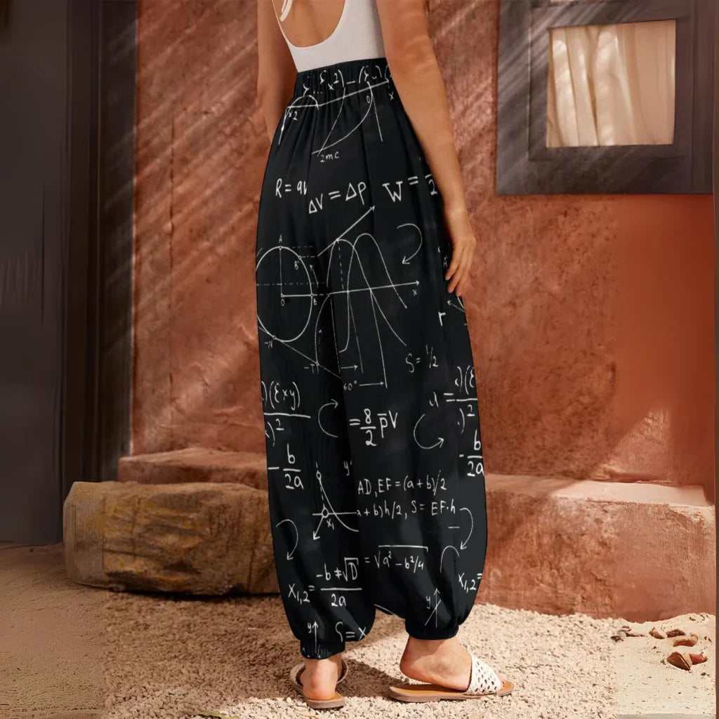 Black pants with white mathematical equations and formulas printed all over them, back view - SEAMLESS MATH FORMULA HAREM PANTS WOMEN WITH DIVINE DESIGN