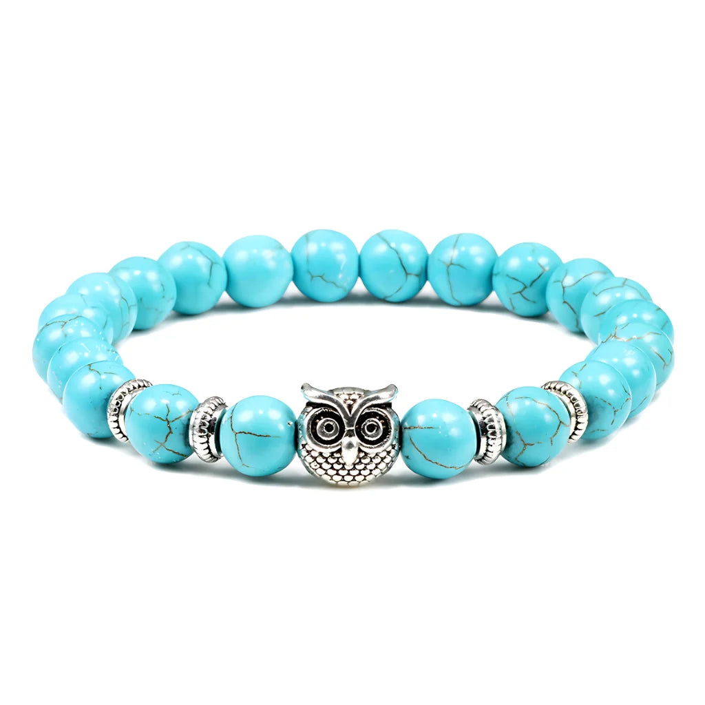 SPIRITUAL BEADED BRACELET WITH WISDOM OWL CHARM - Blue Turquoise - Bracelet