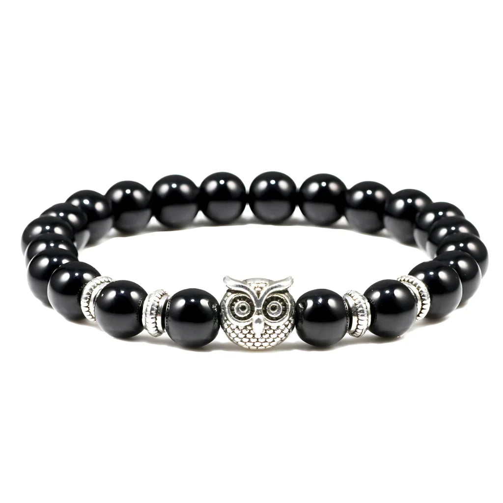 SPIRITUAL BEADED BRACELET WITH WISDOM OWL CHARM - Light Black - Bracelet