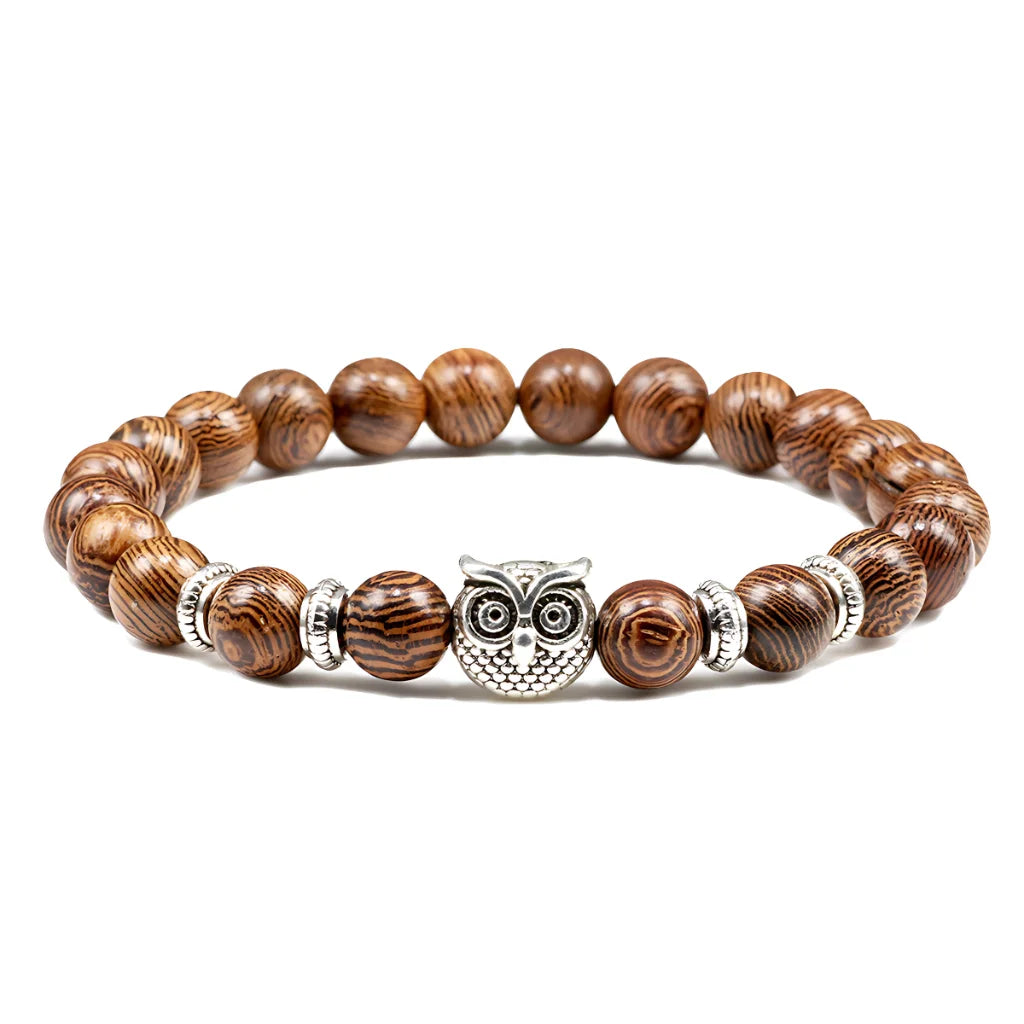 SPIRITUAL BEADED BRACELET WITH WISDOM OWL CHARM - Wooden Bead - Bracelet