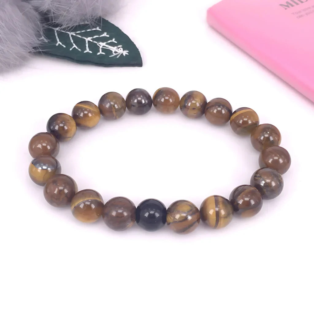 TIGER EYE STONE BEAD BRACELET FOR STRENGTH & BALANCE - Brown - Bracelet