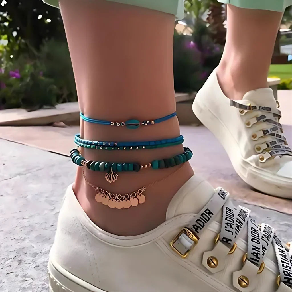 TURQUOISE SHELL BOHO STYLE ANKLETS FOR WOMEN - Set of 4 Anklets - Anklet