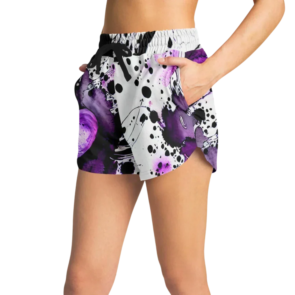 VIBRANT PURPLE HEART ARTWORK YOGA SHORTS FOR WOMEN - Yoga