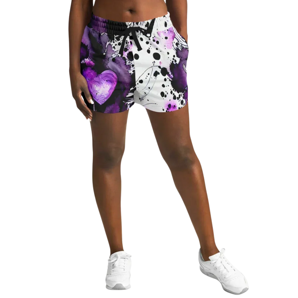 VIBRANT PURPLE HEART ARTWORK YOGA SHORTS FOR WOMEN - Yoga