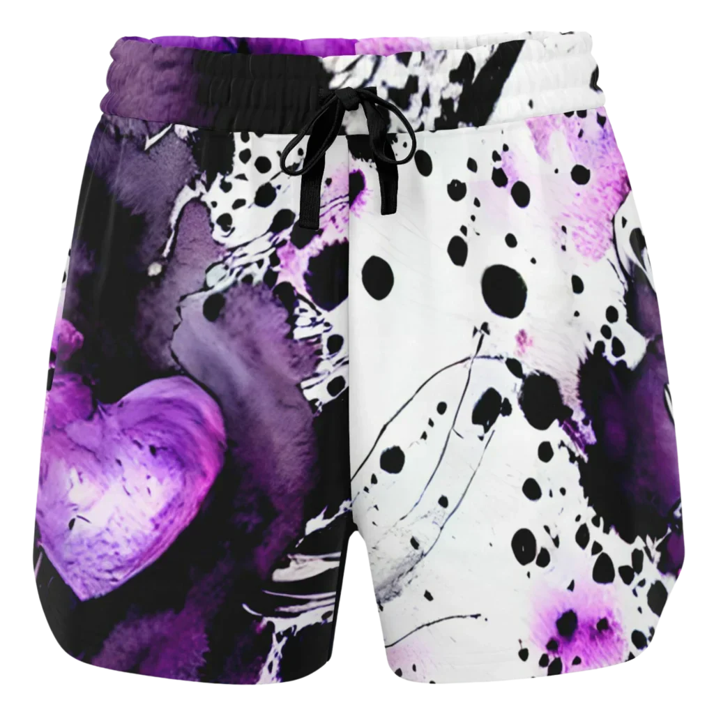 VIBRANT PURPLE HEART ARTWORK YOGA SHORTS FOR WOMEN - Yoga