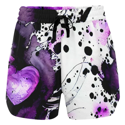 VIBRANT PURPLE HEART ARTWORK YOGA SHORTS FOR WOMEN - Yoga