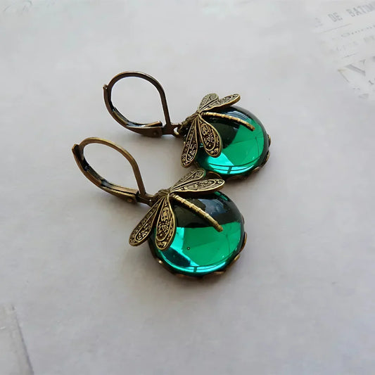 VINTAGE DRAGONFLY CHAKRA STONE BOHO EARRINGS FOR WOMEN - Dark Green - earrings