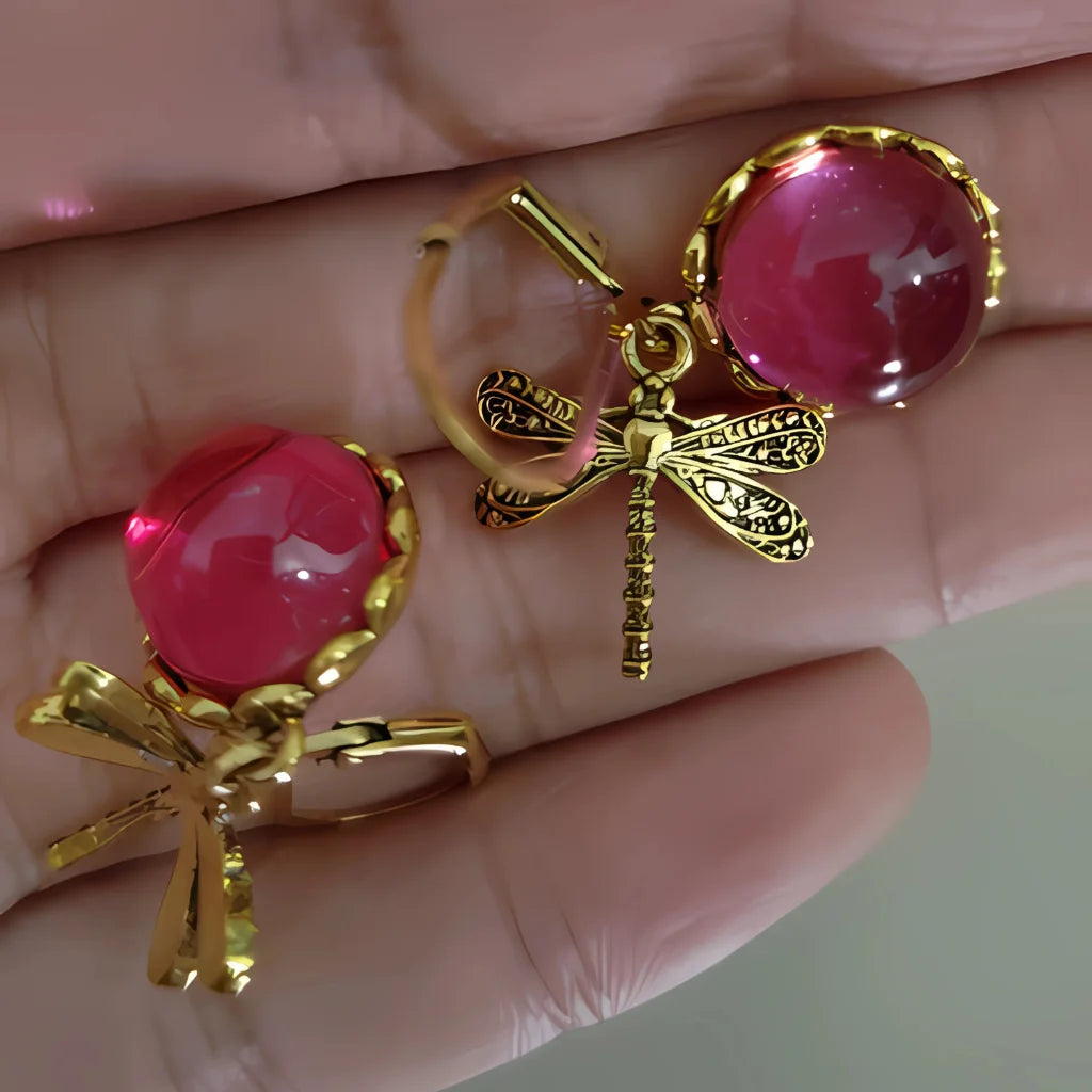 VINTAGE DRAGONFLY CHAKRA STONE BOHO EARRINGS FOR WOMEN - Rose Red - earrings