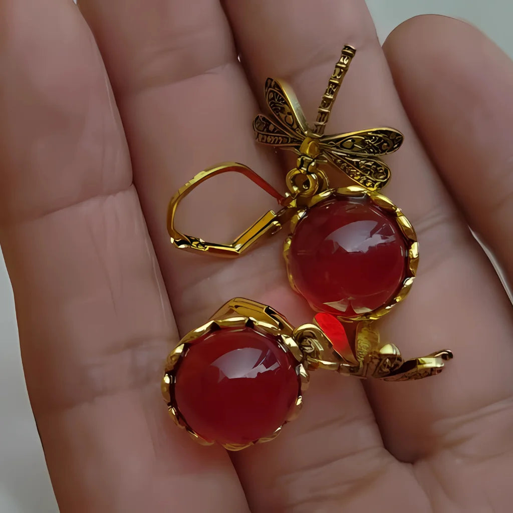 VINTAGE DRAGONFLY CHAKRA STONE BOHO EARRINGS FOR WOMEN - Wine Red - earrings