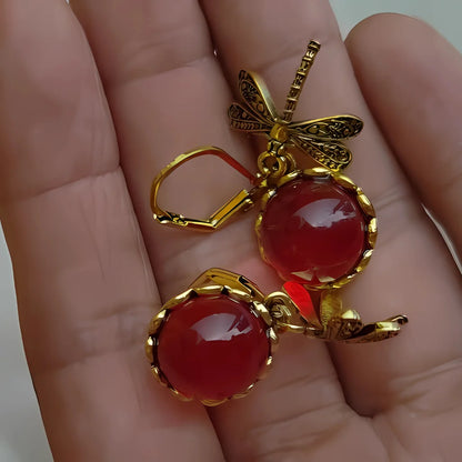 VINTAGE DRAGONFLY CHAKRA STONE BOHO EARRINGS FOR WOMEN - Wine Red - earrings