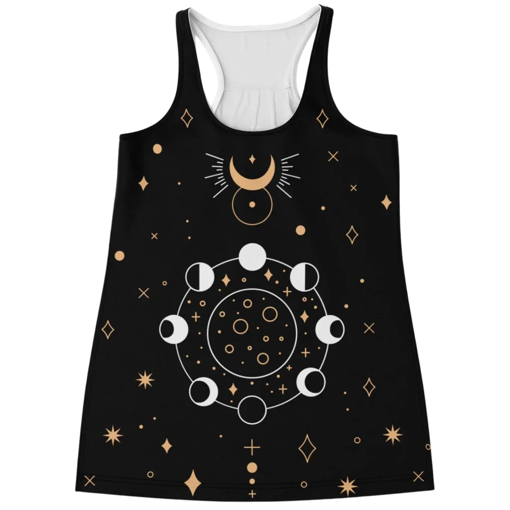 VINTAGE MOON PHASES TANK RACERBACK – SPIRITUAL YOGA TOP - XS - Flowy Racerback Tank Top - AOP