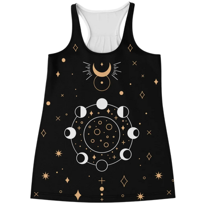 VINTAGE MOON PHASES TANK RACERBACK – SPIRITUAL YOGA TOP - XS - Flowy Racerback Tank Top - AOP