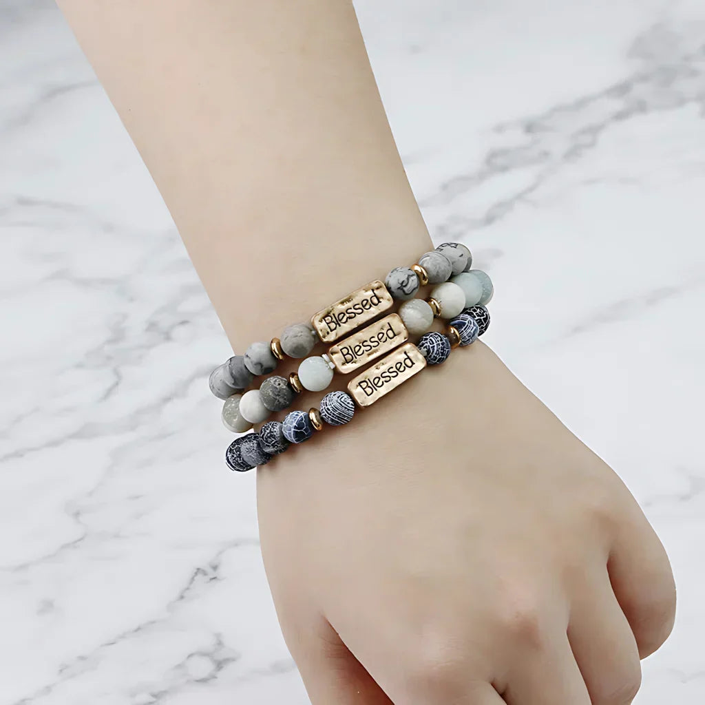 VOLCANIC STONE GEMSTONE BRACELET WITH ALLOY LETTERING - Bracelet