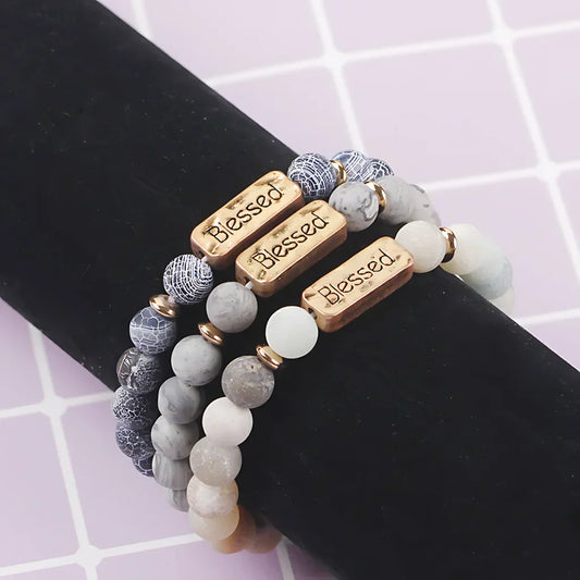 VOLCANIC STONE GEMSTONE BRACELET WITH ALLOY LETTERING - Bracelet