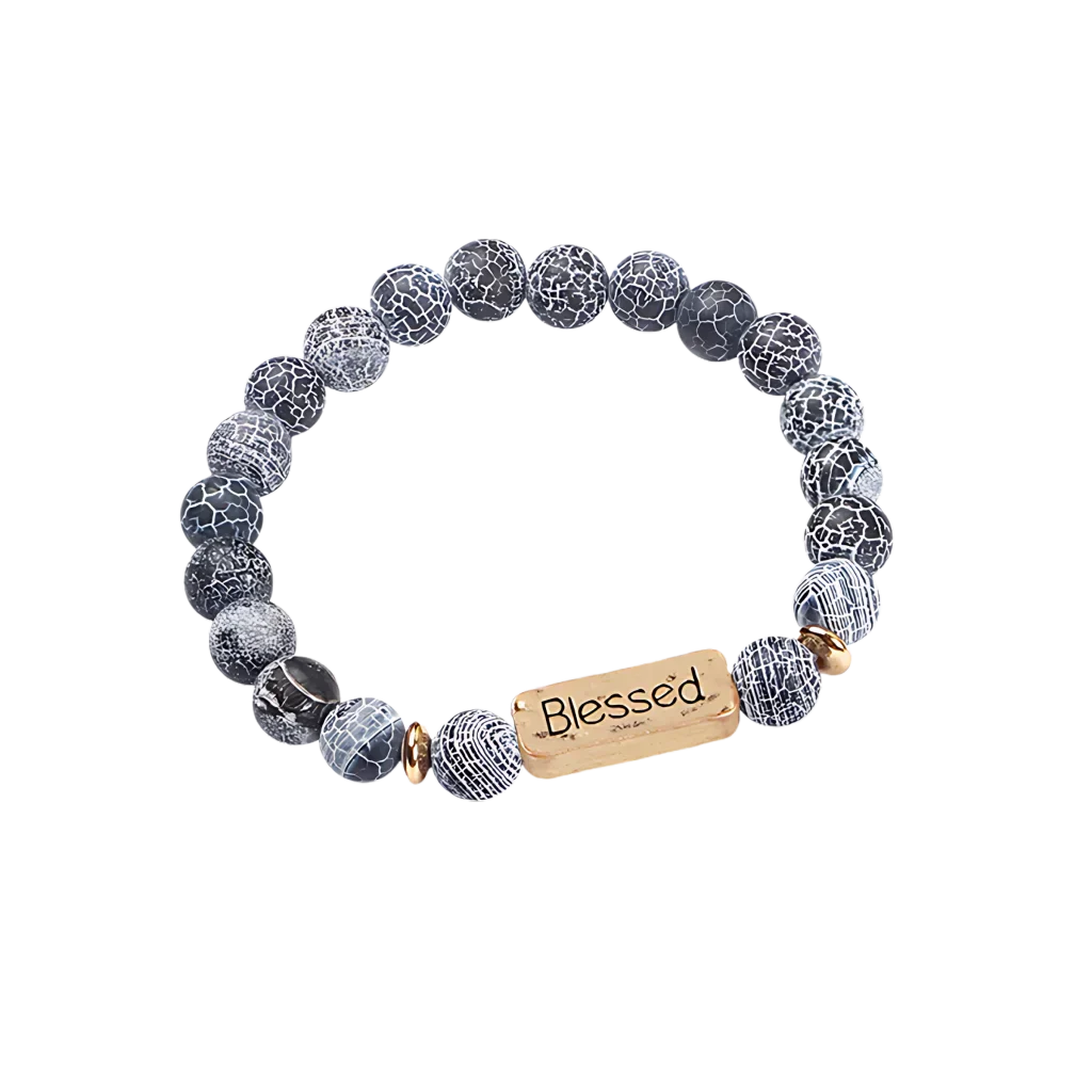 VOLCANIC STONE GEMSTONE BRACELET WITH ALLOY LETTERING - G11601 - Bracelet