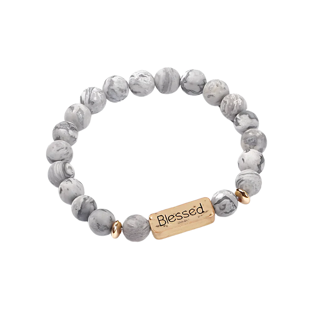 VOLCANIC STONE GEMSTONE BRACELET WITH ALLOY LETTERING - G11603 - Bracelet